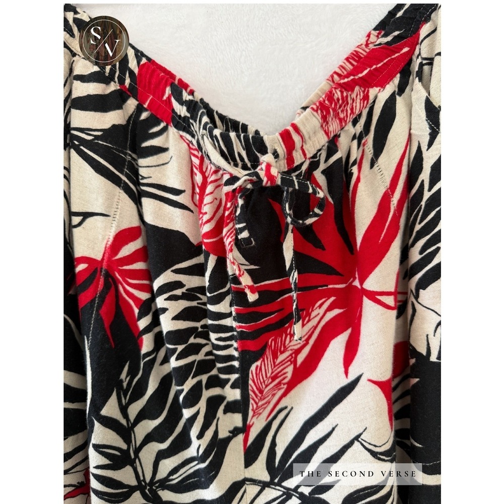 VTG Tropical Palm Print Linen Pants Red Black Cream Wide Leg Pull On Drawstring - Picture 6 of 10